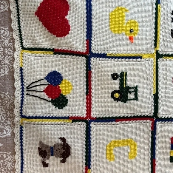 HANDMADE Crochet Knit AFGHAN Couch Lap Quilt THROW BLANKET Quilted Squares Kids